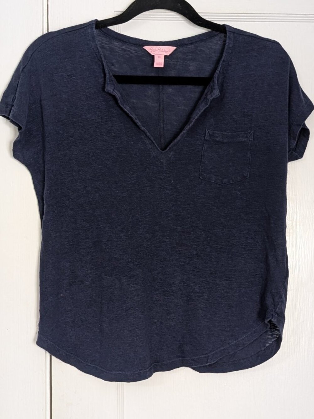 Lilly Pulitzer 100% Linen Women's XS Navy Blue Short Sleeved Lightweight Top